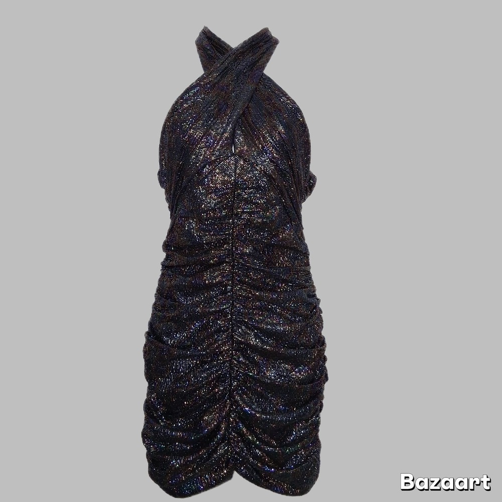 Zara Mini Dress Criss Cross Halter Sparkly Black Ruched Bodycon Party Cocktail